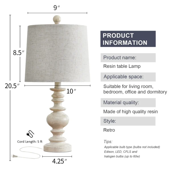 Retro Table Lamp for Living Room Bedroom 20.5" Farmhouse Nightstands - Image 2